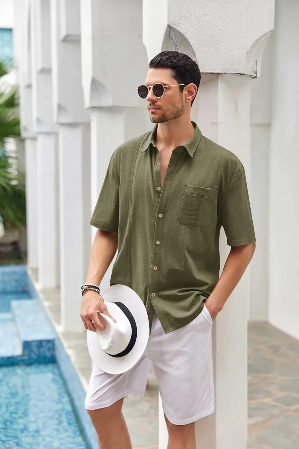Mens Beach Linen Shirts Short Sleeve Cuban Button Down Casual Summer T Shirt Guayabera Hawaiian Tee Loose Fit Tops