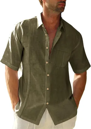 Mens Beach Linen Shirts Short Sleeve Cuban Button Down Casual Summer T Shirt Guayabera Hawaiian Tee Loose Fit Tops