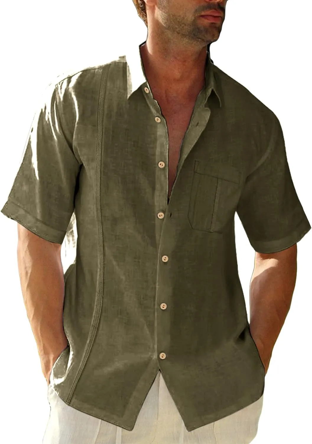Mens Beach Linen Shirts Short Sleeve Cuban Button Down Casual Summer T Shirt Guayabera Hawaiian Tee Loose Fit Tops