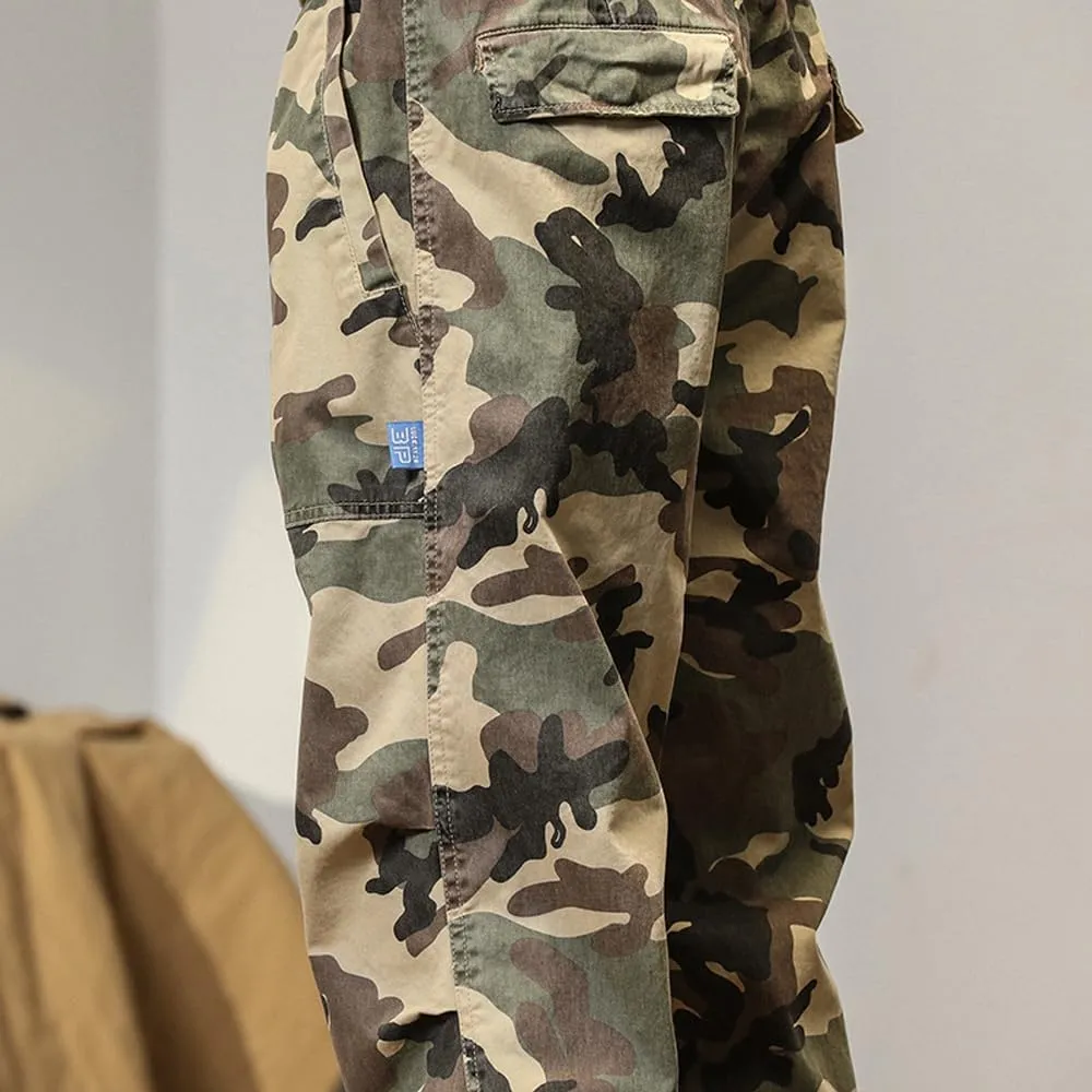 Men's Camouflage Cargo Pants Drawstring Cotton Regular Fit Military Pants with Pockets