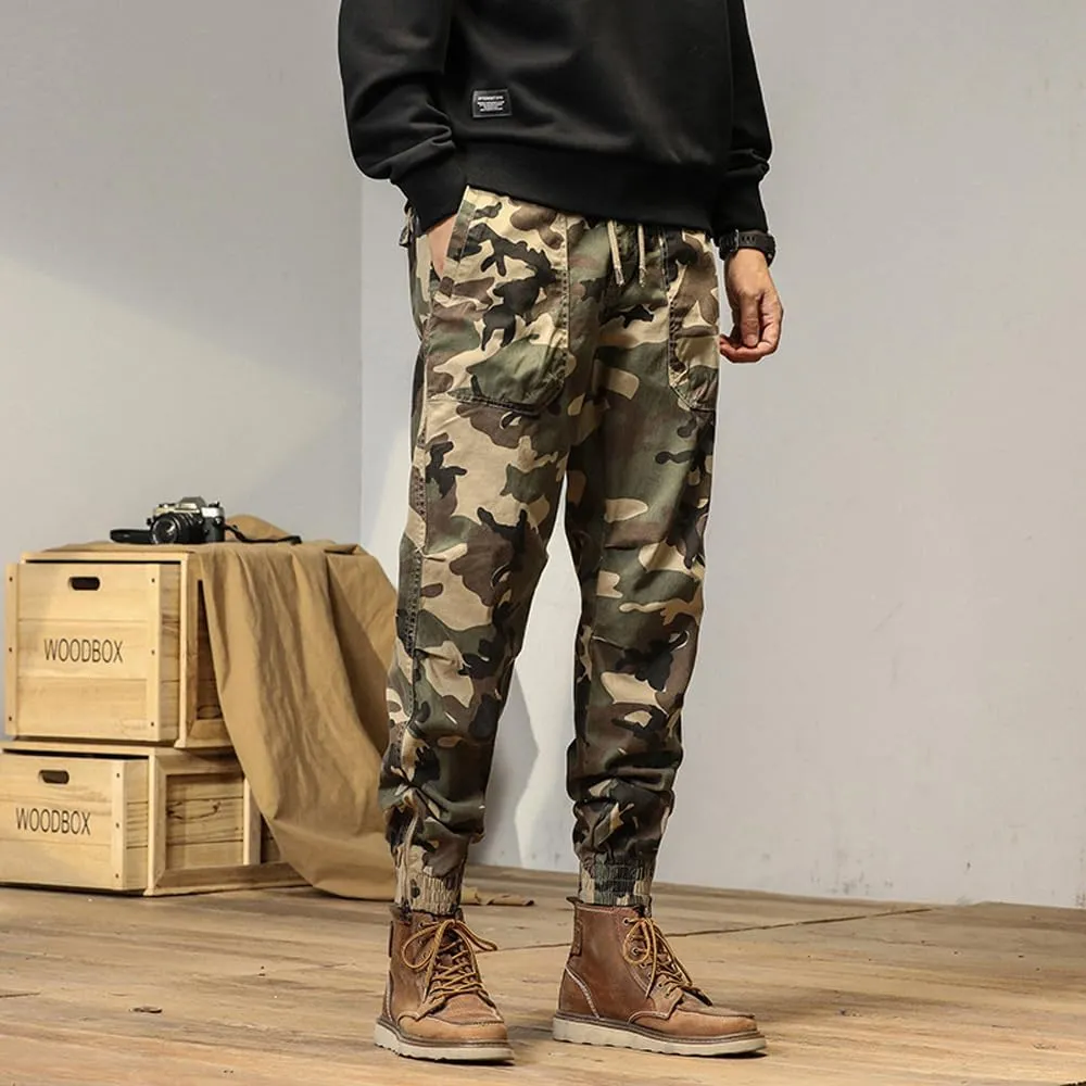 Men's Camouflage Cargo Pants Drawstring Cotton Regular Fit Military Pants with Pockets