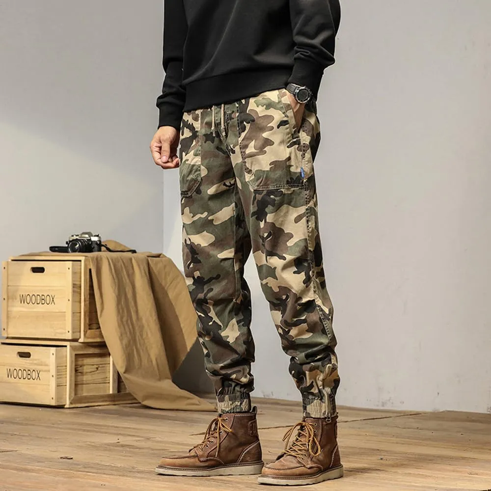 Men's Camouflage Cargo Pants Drawstring Cotton Regular Fit Military Pants with Pockets