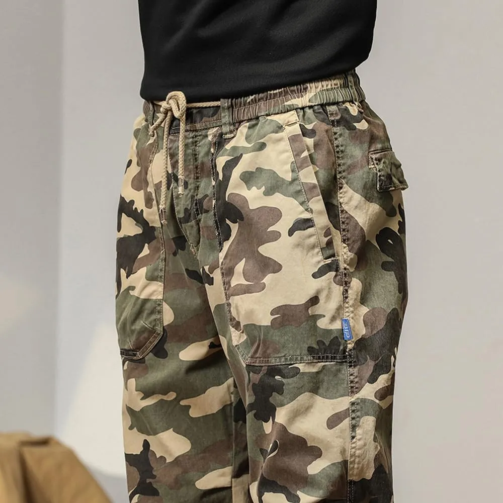 Men's Camouflage Cargo Pants Drawstring Cotton Regular Fit Military Pants with Pockets