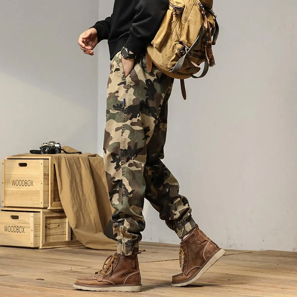Men's Camouflage Cargo Pants Drawstring Cotton Regular Fit Military Pants with Pockets