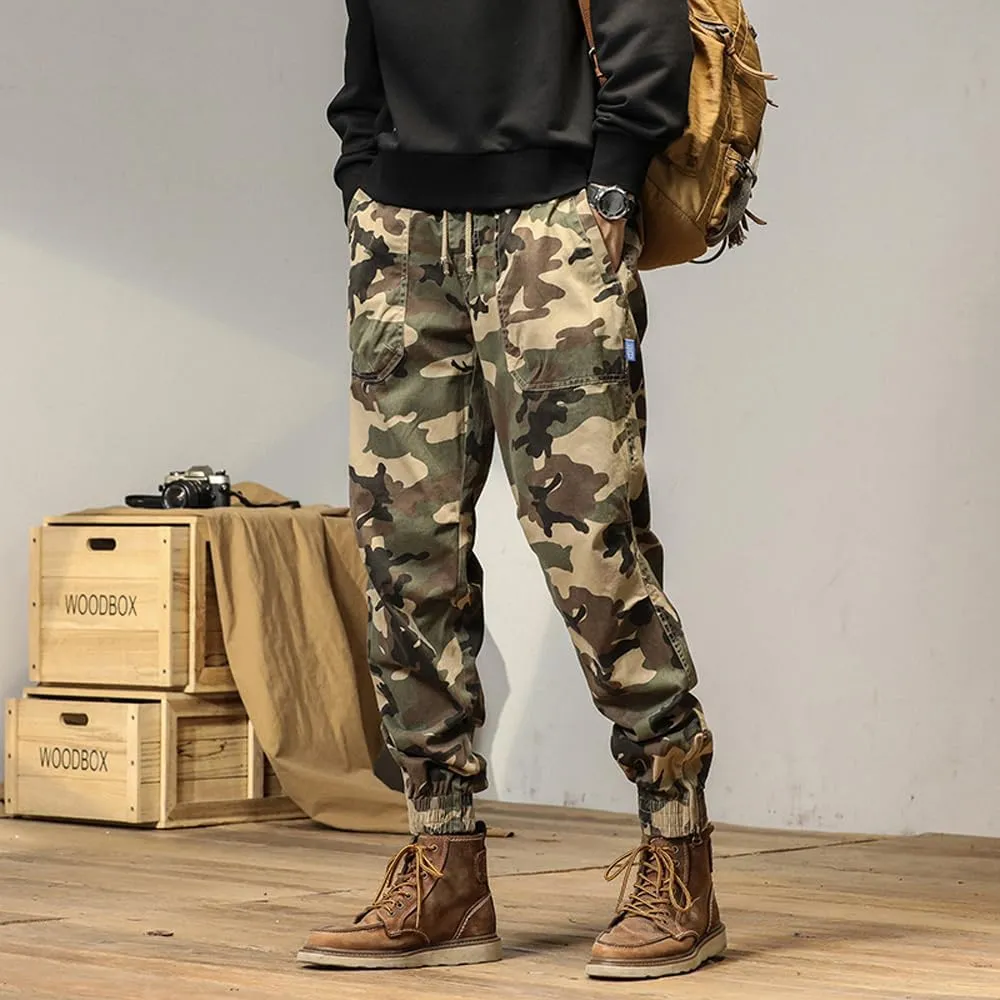 Men's Camouflage Cargo Pants Drawstring Cotton Regular Fit Military Pants with Pockets