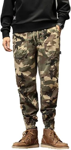 Men's Camouflage Cargo Pants Drawstring Cotton Regular Fit Military Pants with Pockets