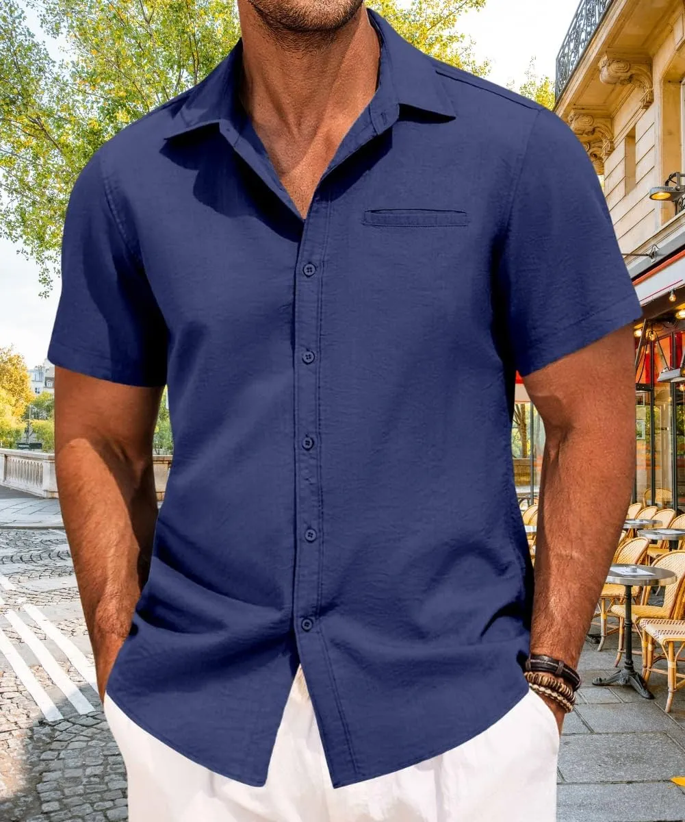 Mens Casual Button Down Shirt Short Sleeve V Neck Tops 2025 Summer Vacation Beach Blouses Shirts