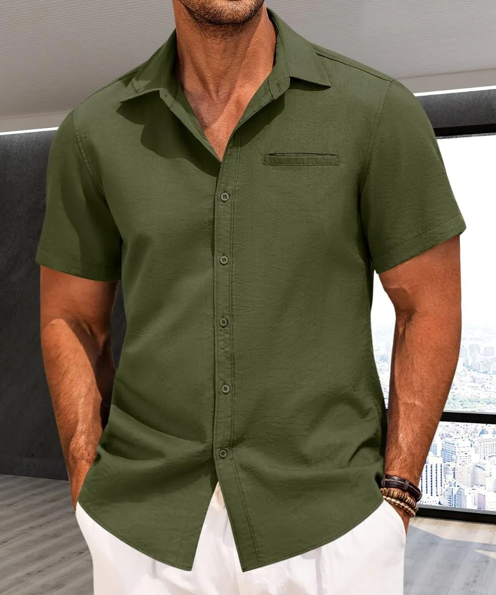 Mens Casual Button Down Shirt Short Sleeve V Neck Tops 2025 Summer Vacation Beach Blouses Shirts