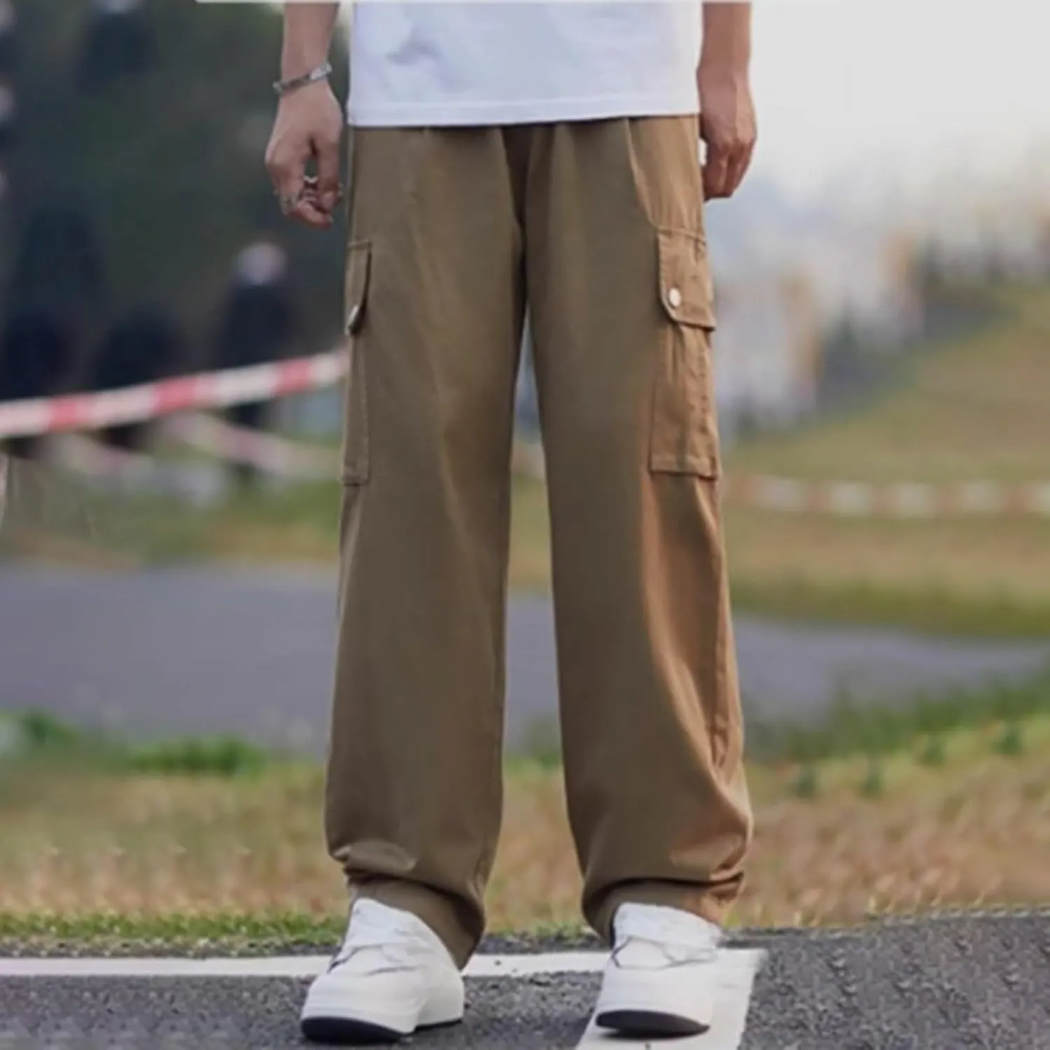 Mens Casual Cargo Pants Spring Summer Lightweight Elastic Waist Drawstring Pants Loose Fit Yoga Trousers with Pockets
