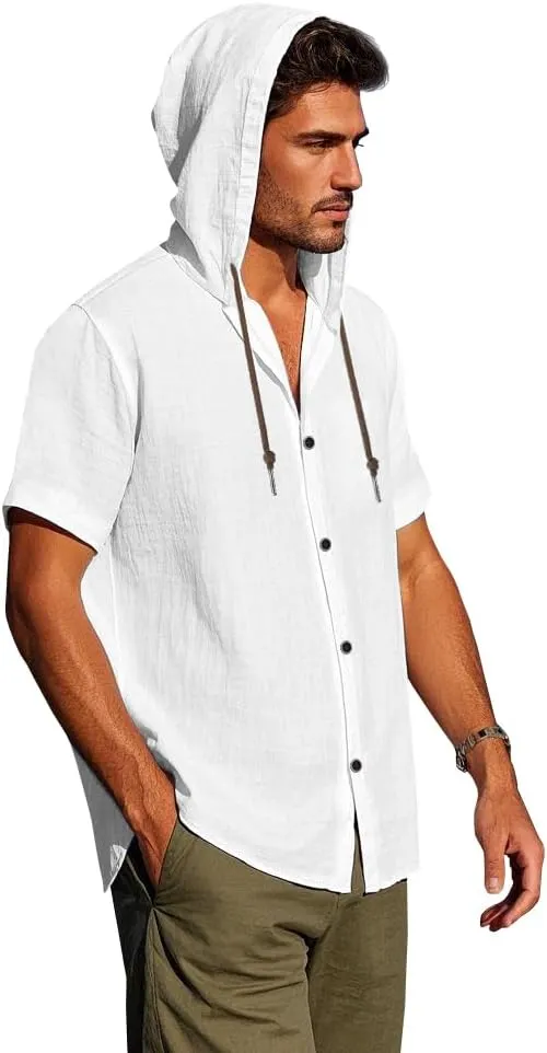 Men's Casual Linen Button - Down: Long Sleeve, Roll - Up, Hooded Tops for Summer Beach