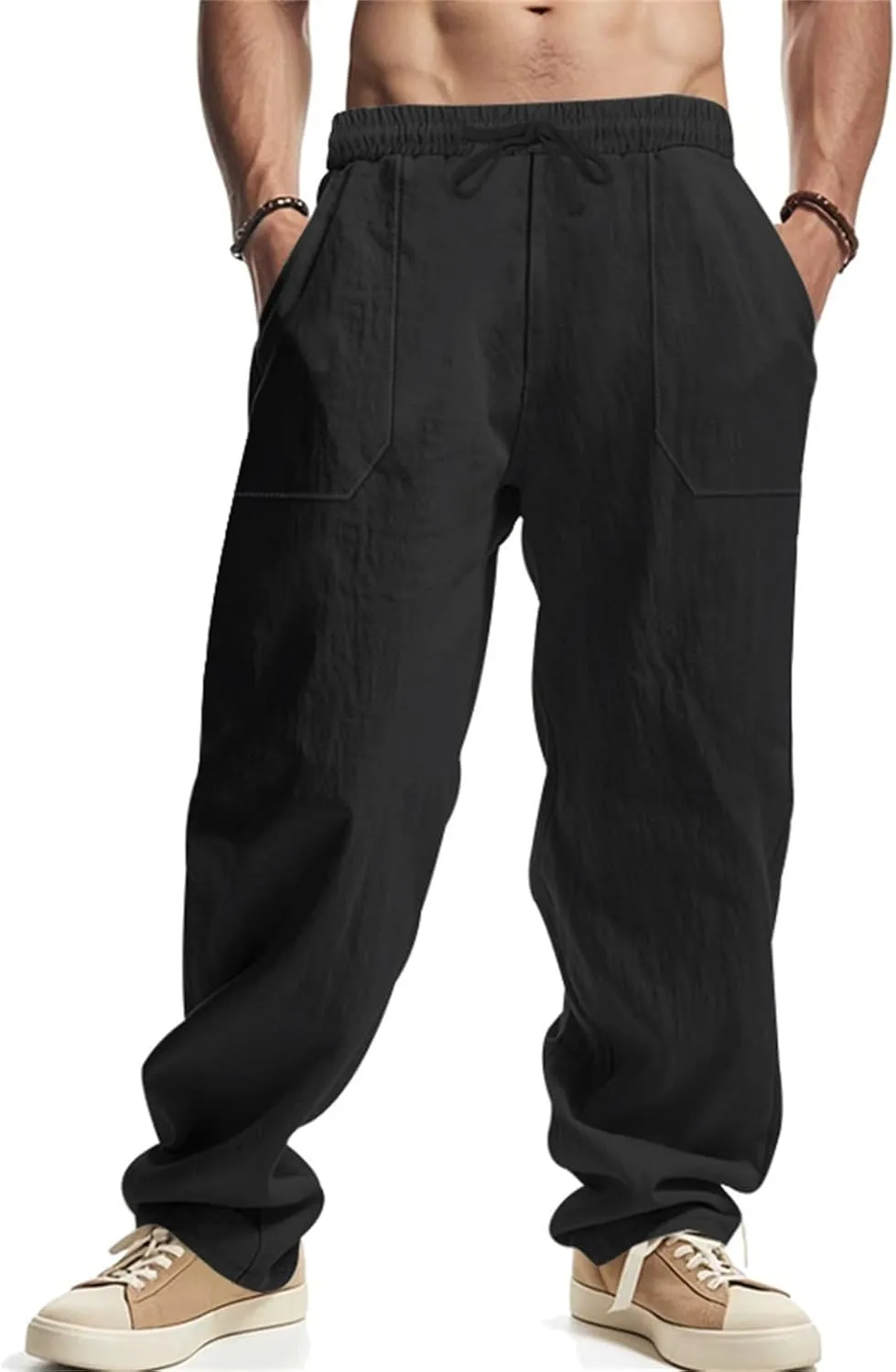 Men's Casual Linen Pants Loose Fit Elastic Waist Drawstring Beach Summer Pant Lightweight Cotton Trousers with Pocket