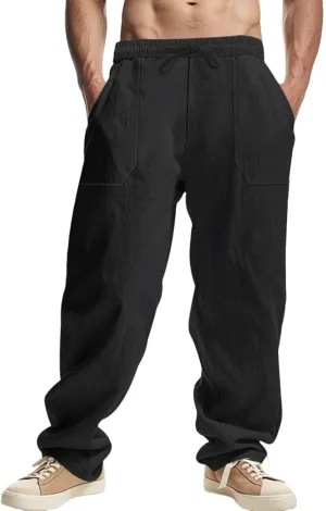 Men's Casual Linen Pants Loose Fit Elastic Waist Drawstring Beach Summer Pant Lightweight Cotton Trousers with Pocket