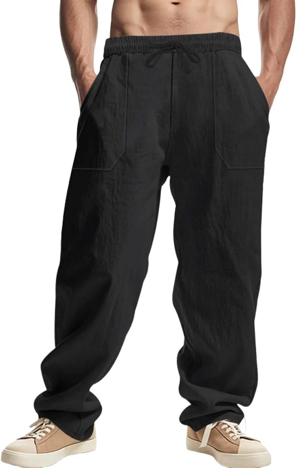 Men's Casual Linen Pants Loose Fit Elastic Waist Drawstring Beach Summer Pant Lightweight Cotton Trousers with Pocket