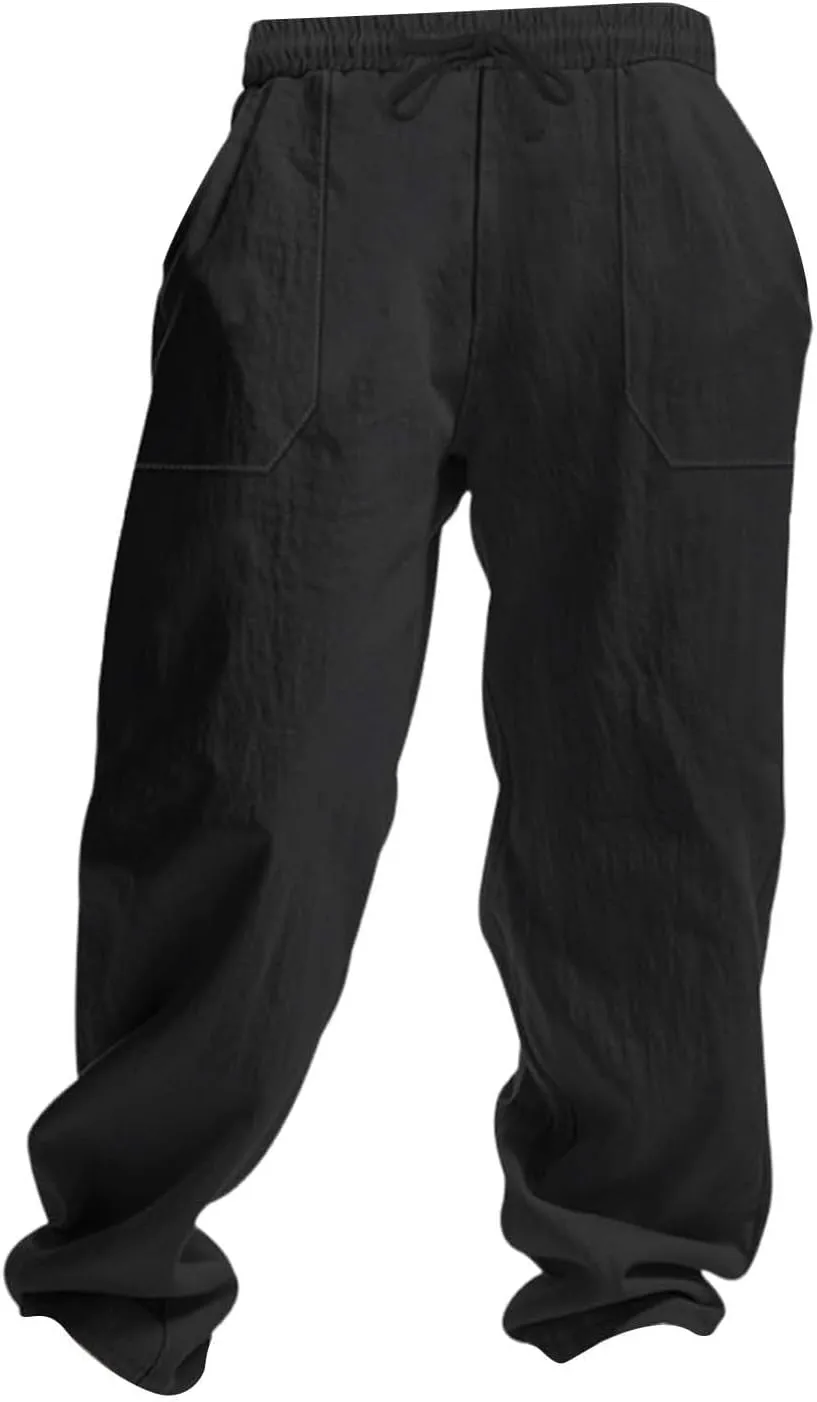 Men's Casual Linen Pants Loose Fit Elastic Waist Drawstring Beach Summer Pant Lightweight Cotton Trousers with Pocket