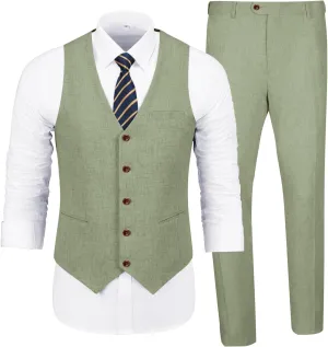 Men's Casual Linen Suit Set 2 Piece Slim Fit Wedding Suits Prom Groomsmen Suit Tuxedos Beach Suits Vest Pants