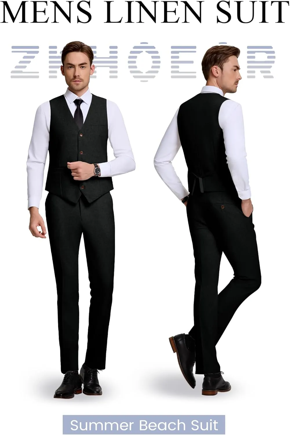 Men's Casual Linen Suit Set 2 Piece Slim Fit Wedding Suits Prom Groomsmen Suit Tuxedos Beach Suits Vest Pants