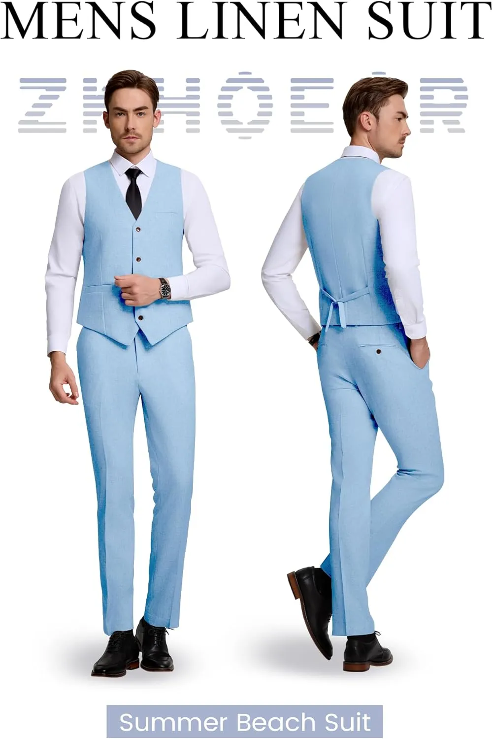 Men's Casual Linen Suit Set 2 Piece Slim Fit Wedding Suits Prom Groomsmen Suit Tuxedos Beach Suits Vest Pants