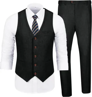 Men's Casual Linen Suit Set 2 Piece Slim Fit Wedding Suits Prom Groomsmen Suit Tuxedos Beach Suits Vest Pants