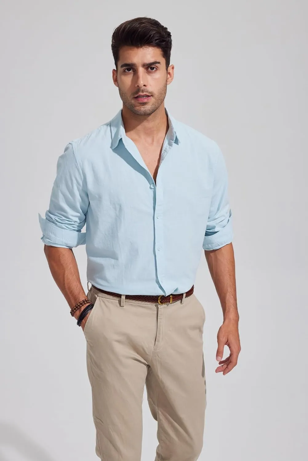 Mens Casual Long Sleeve Cotton Linen Shirts Buttons Down Solid Plain Roll-Up Sleeve Summer Beach Shirts
