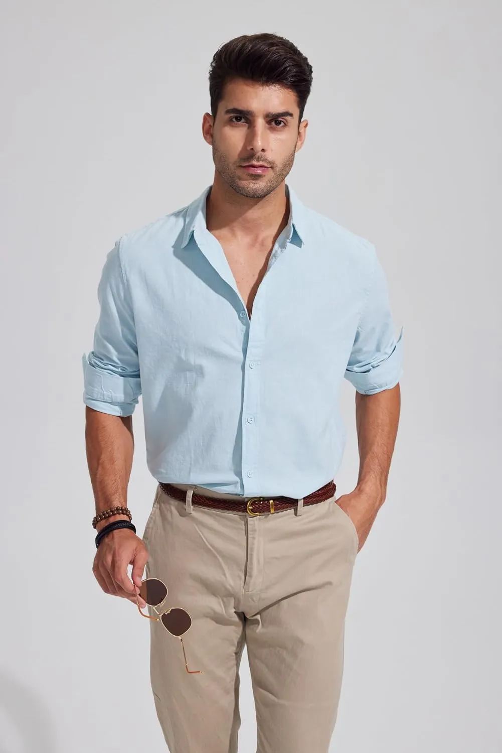 Mens Casual Long Sleeve Cotton Linen Shirts Buttons Down Solid Plain Roll-Up Sleeve Summer Beach Shirts