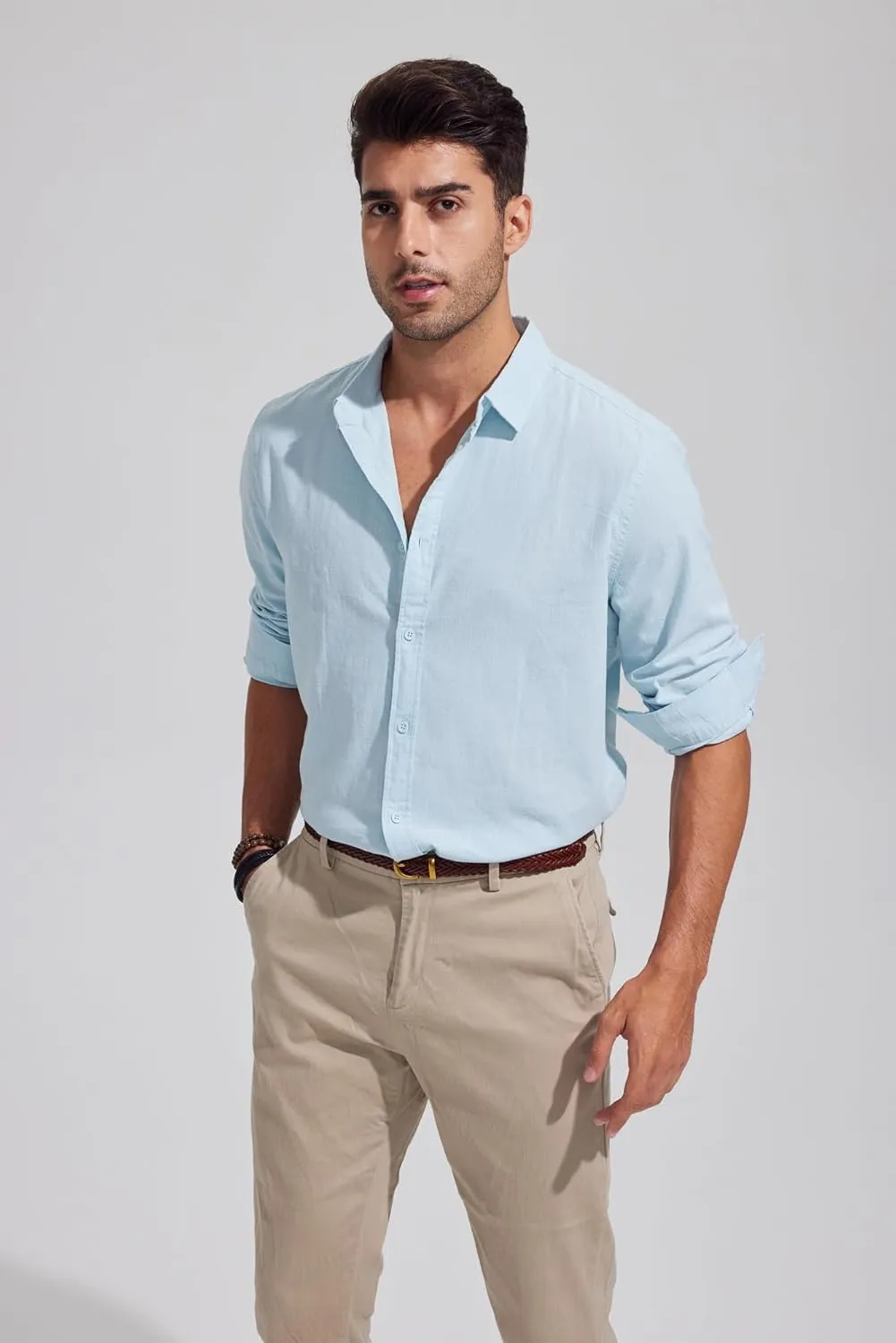 Mens Casual Long Sleeve Cotton Linen Shirts Buttons Down Solid Plain Roll-Up Sleeve Summer Beach Shirts
