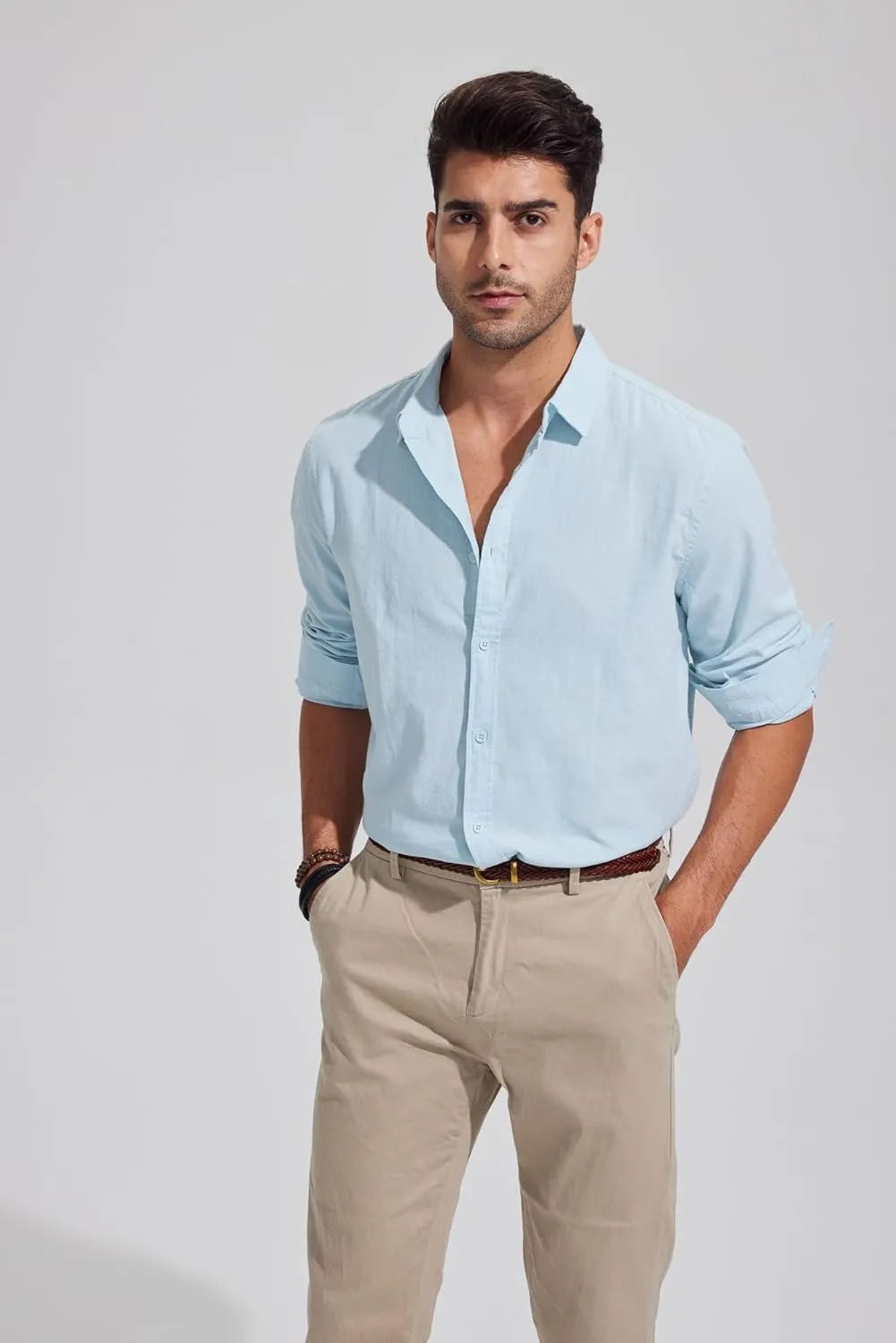 Mens Casual Long Sleeve Cotton Linen Shirts Buttons Down Solid Plain Roll-Up Sleeve Summer Beach Shirts