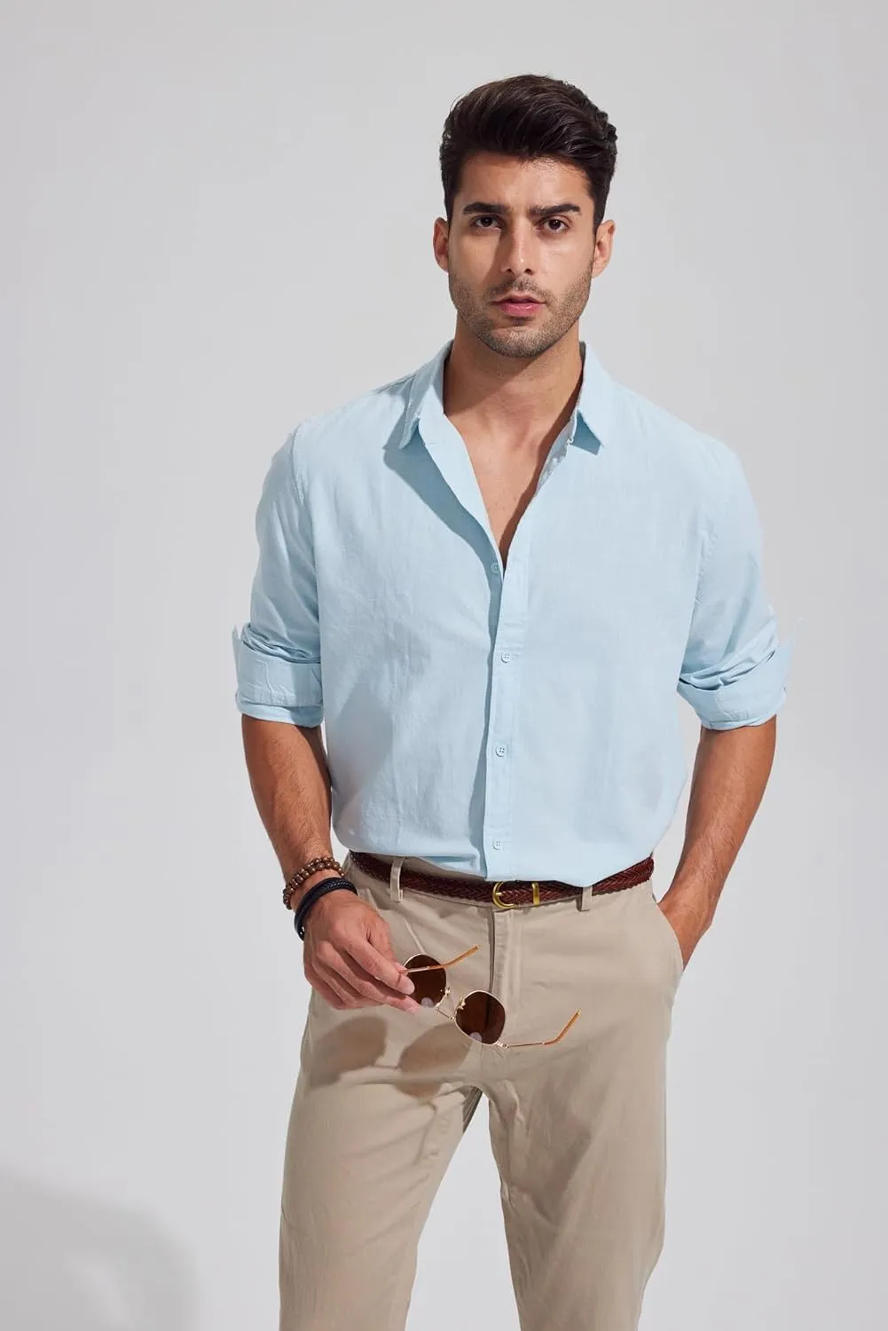 Mens Casual Long Sleeve Cotton Linen Shirts Buttons Down Solid Plain Roll-Up Sleeve Summer Beach Shirts