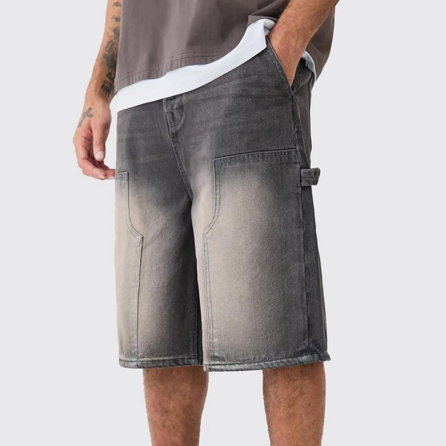 Men's Casual Loose Fit Shorts Straight Wide Leg Knee Length Pull-On Jeans Cargo Denim Shorts with Pockets