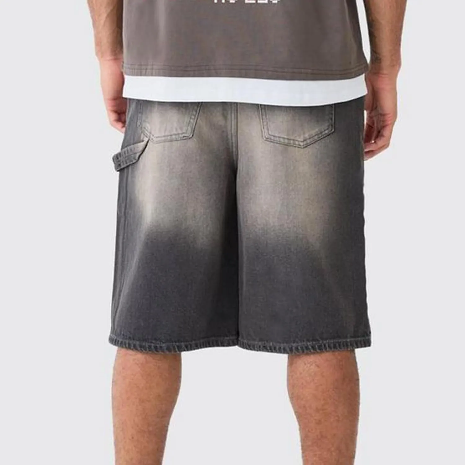 Men's Casual Loose Fit Shorts Straight Wide Leg Knee Length Pull-On Jeans Cargo Denim Shorts with Pockets