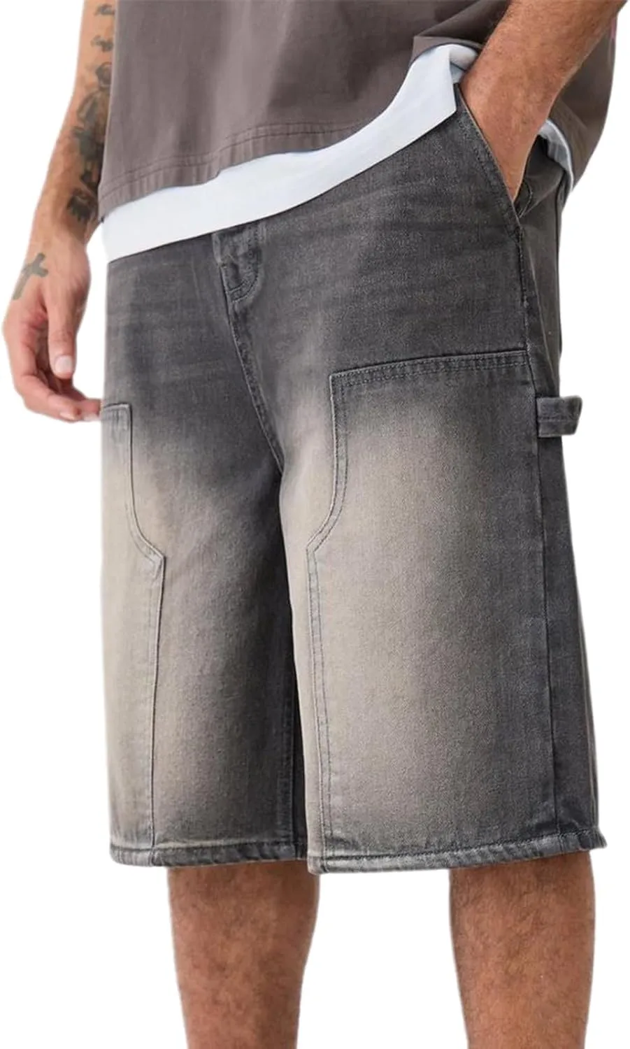 Men's Casual Loose Fit Shorts Straight Wide Leg Knee Length Pull-On Jeans Cargo Denim Shorts with Pockets