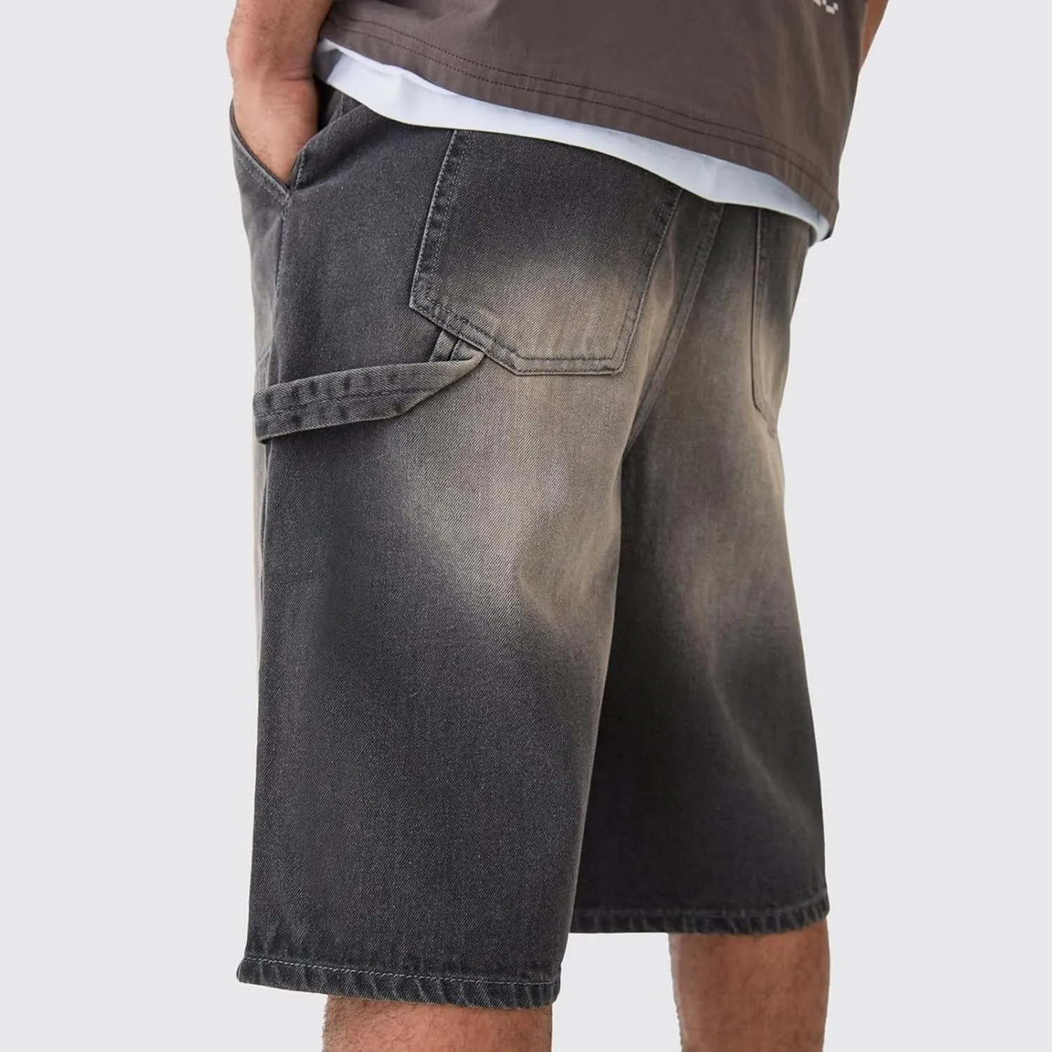 Men's Casual Loose Fit Shorts Straight Wide Leg Knee Length Pull-On Jeans Cargo Denim Shorts with Pockets