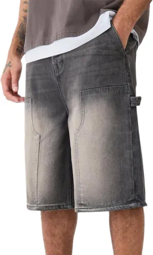 Men's Casual Loose Fit Shorts Straight Wide Leg Knee Length Pull-On Jeans Cargo Denim Shorts with Pockets