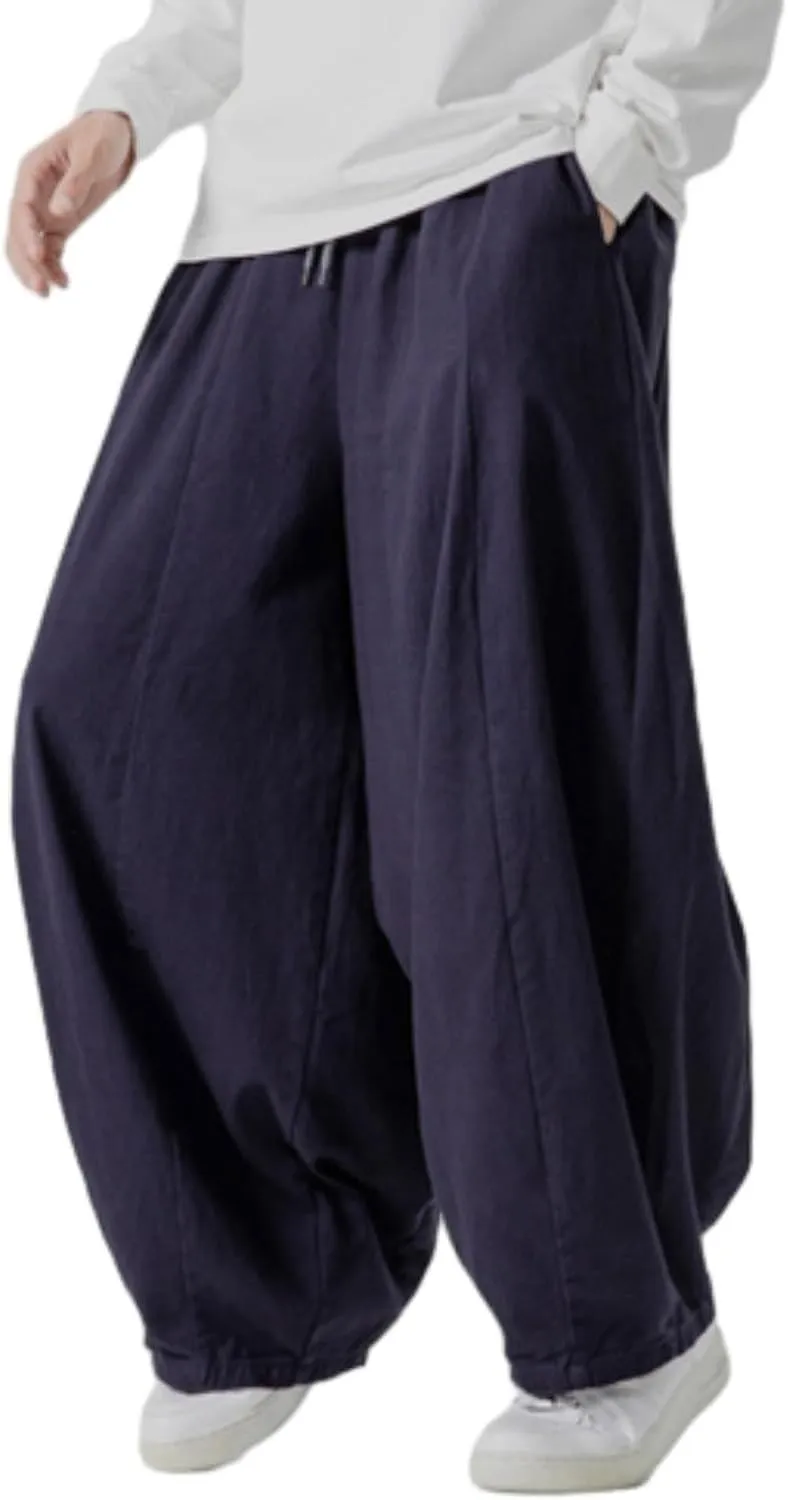 Mens Casual Wide Leg Pants Solid Lounge Oversized Loose Jogging Harem Pants Drawstring Palazzo Trousers with Pockets