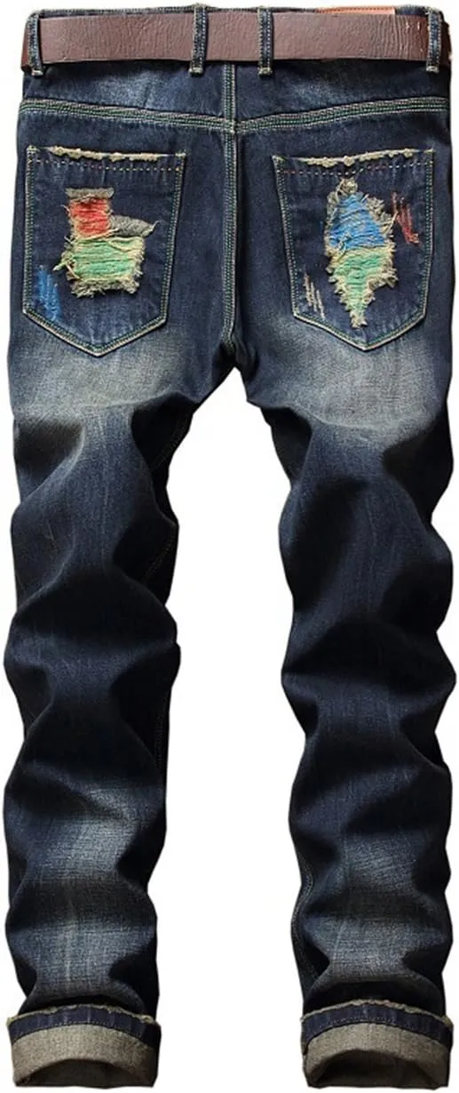 Men's Colorful Ripped Holes Straight Fit Jeans