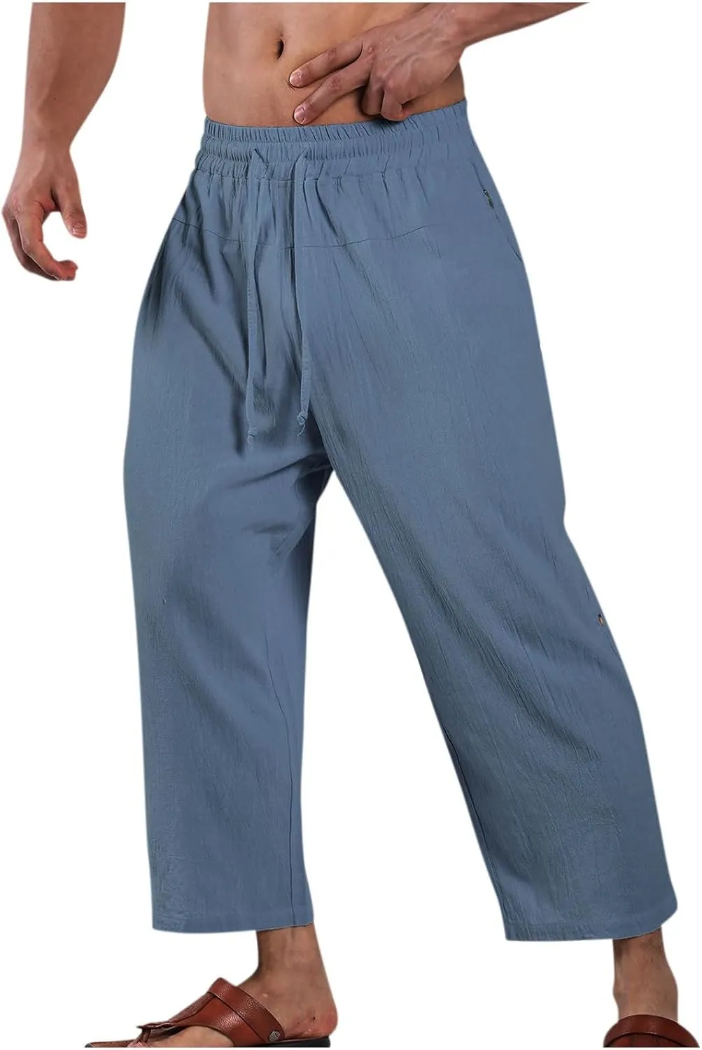 Mens Cotton Linen Drawstring Elastic Waist Casual Jogger Yoga Pants Slim Fit Lounge Cropped Pants Workout Pants
