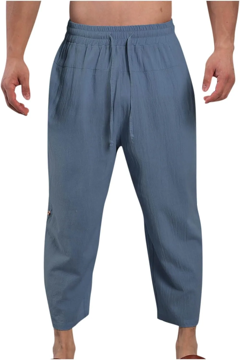 Mens Cotton Linen Drawstring Elastic Waist Casual Jogger Yoga Pants Slim Fit Lounge Cropped Pants Workout Pants