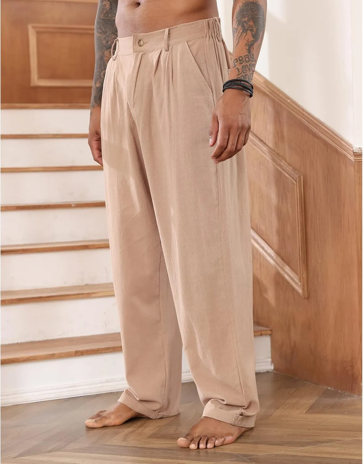 Mens Cotton Linen Pants Elastic Drawstring Waist Trouser Casual Loose Fit Yoga Beach Pants