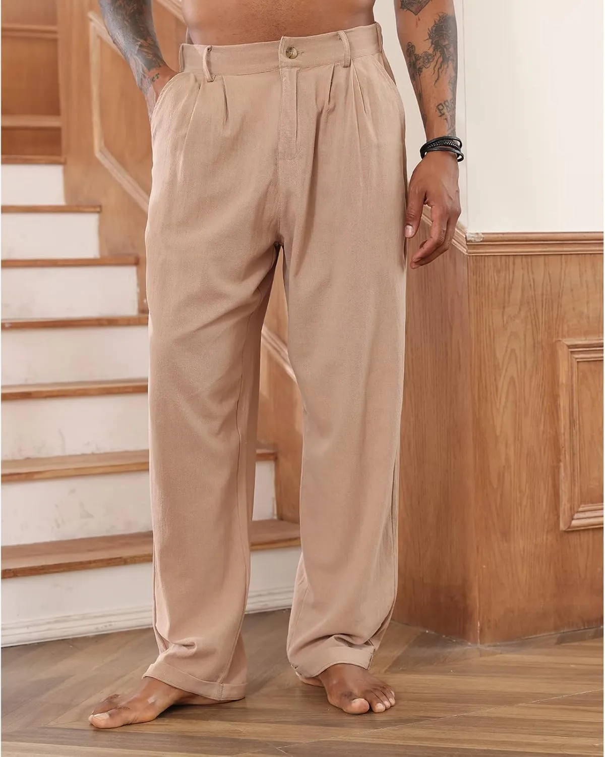 Mens Cotton Linen Pants Elastic Drawstring Waist Trouser Casual Loose Fit Yoga Beach Pants