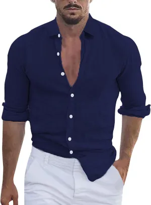 Mens Cotton Linen Shirts Long Sleeve Casual Shirt Summer Buttons Down Solid Plain Roll Up Sleeve Summer Beach