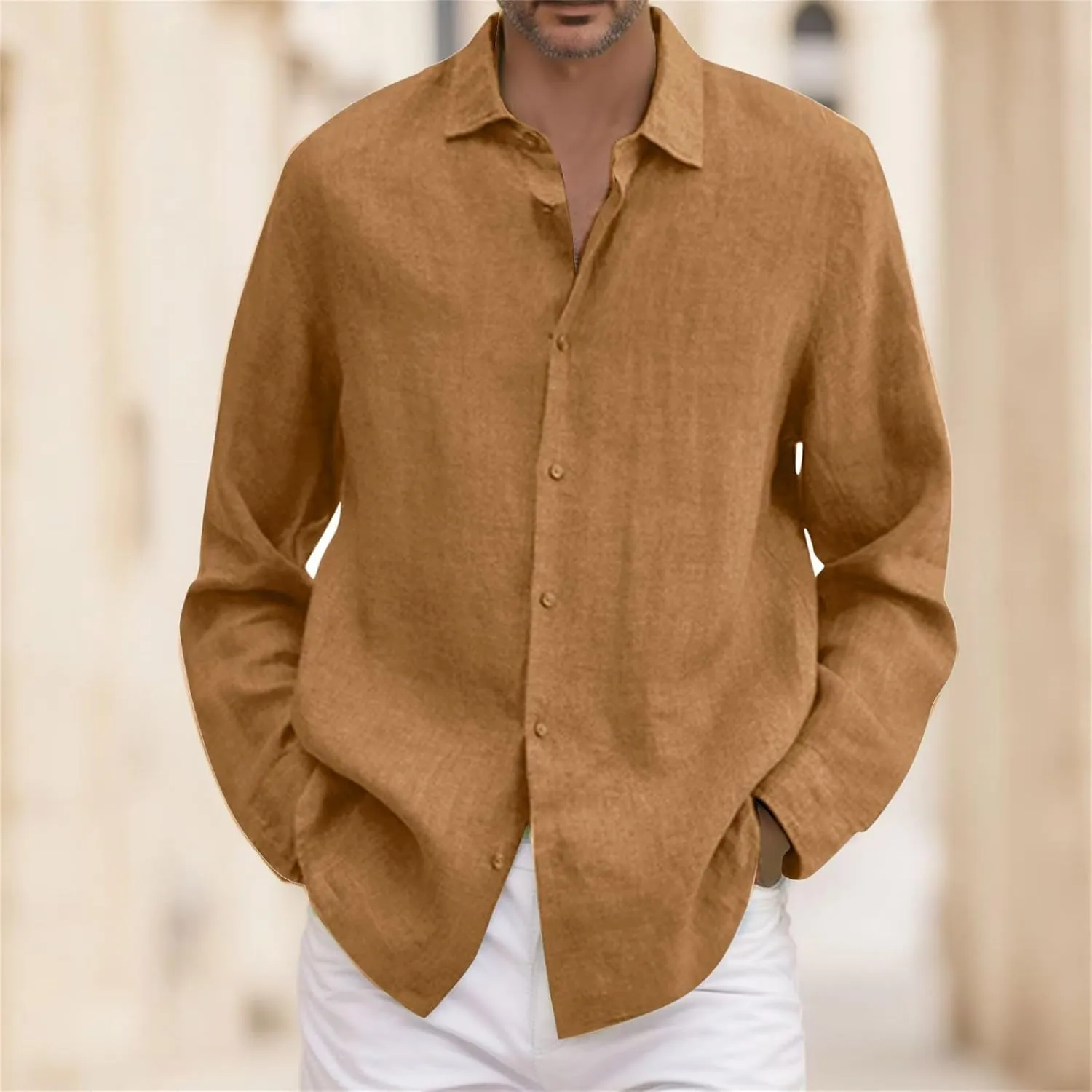 Mens Cotton Linen Shirts Long Sleeve Casual Shirt Summer Buttons Down Solid Plain Roll Up Sleeve Summer Beach