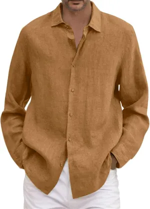 Mens Cotton Linen Shirts Long Sleeve Casual Shirt Summer Buttons Down Solid Plain Roll Up Sleeve Summer Beach