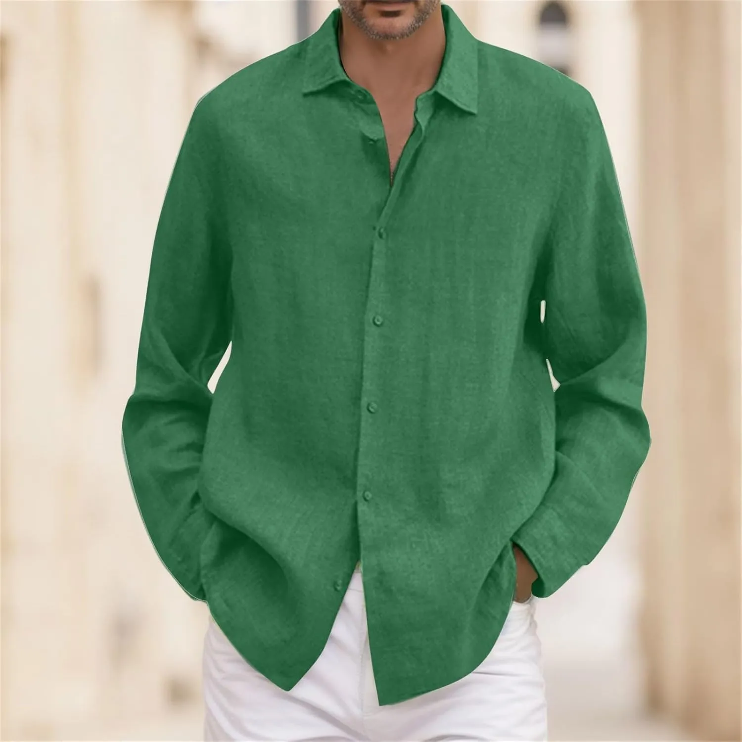 Mens Cotton Linen Shirts Long Sleeve Casual Shirt Summer Buttons Down Solid Plain Roll Up Sleeve Summer Beach