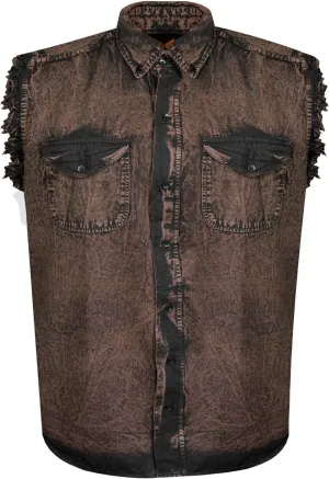 Mens Cotton Stonewash Button Sleeveless Cut Off Shirt Frayed Sleeves 8 Colors