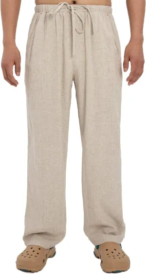 Men's Drawstring Loose Linen Beach Pants Lightweight Elastic Waist Yoga Lounge Cotton Trousers Pajamas