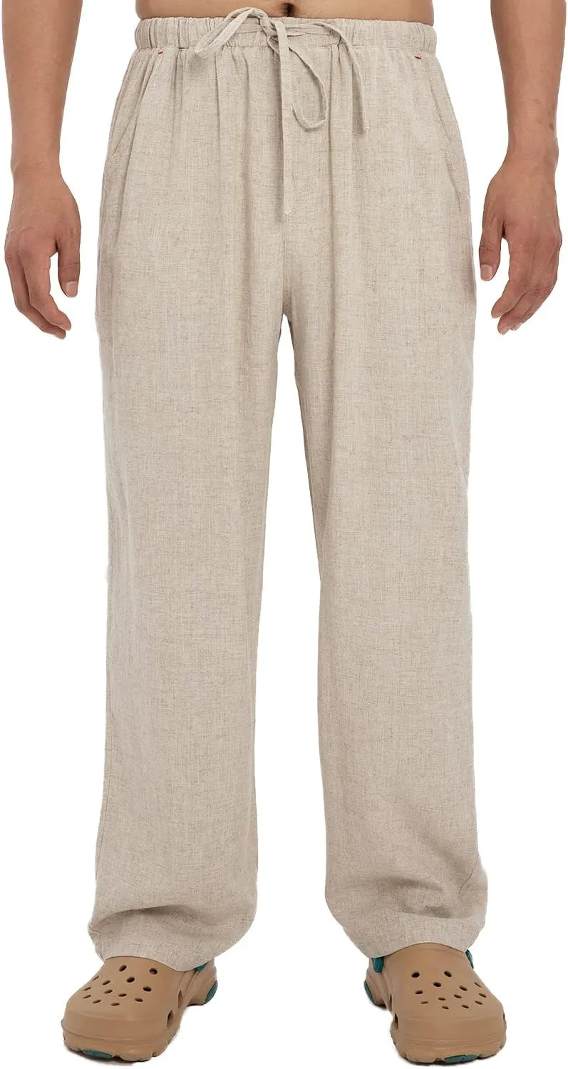 Men's Drawstring Loose Linen Beach Pants Lightweight Elastic Waist Yoga Lounge Cotton Trousers Pajamas