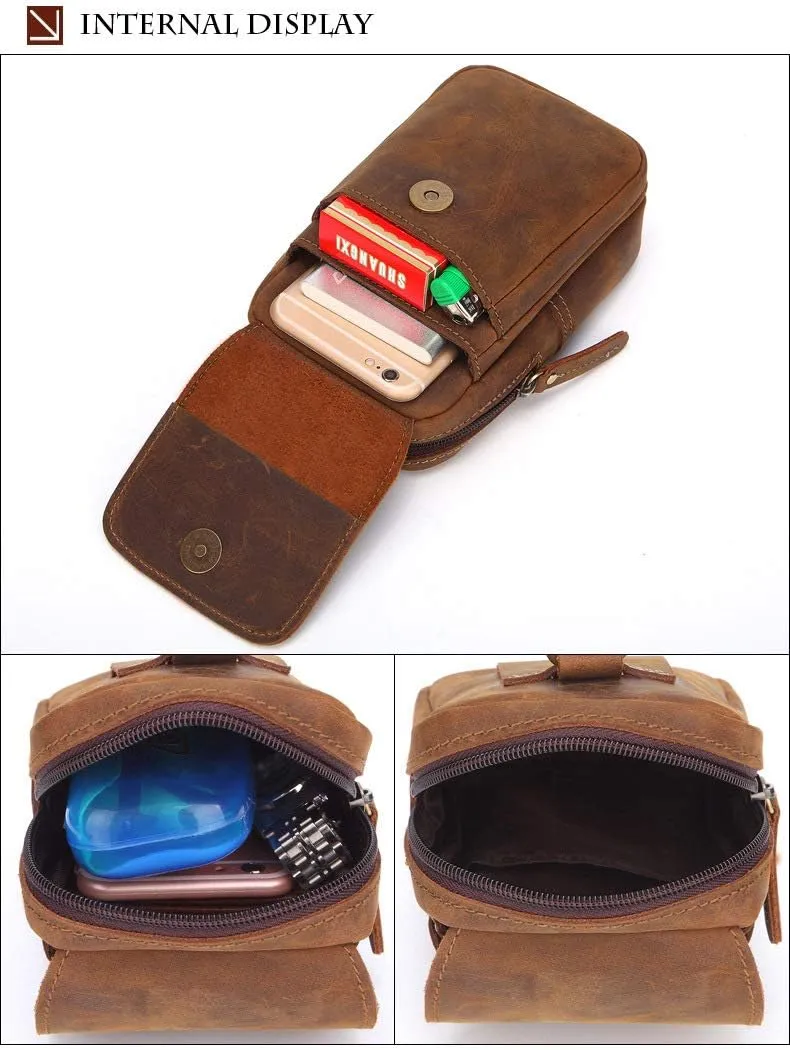 Mens Genuine Leather Belt Bag, Travel Passport Wallet Cell Phone Shoulder Holster Small Messenger Bag Waist Pack