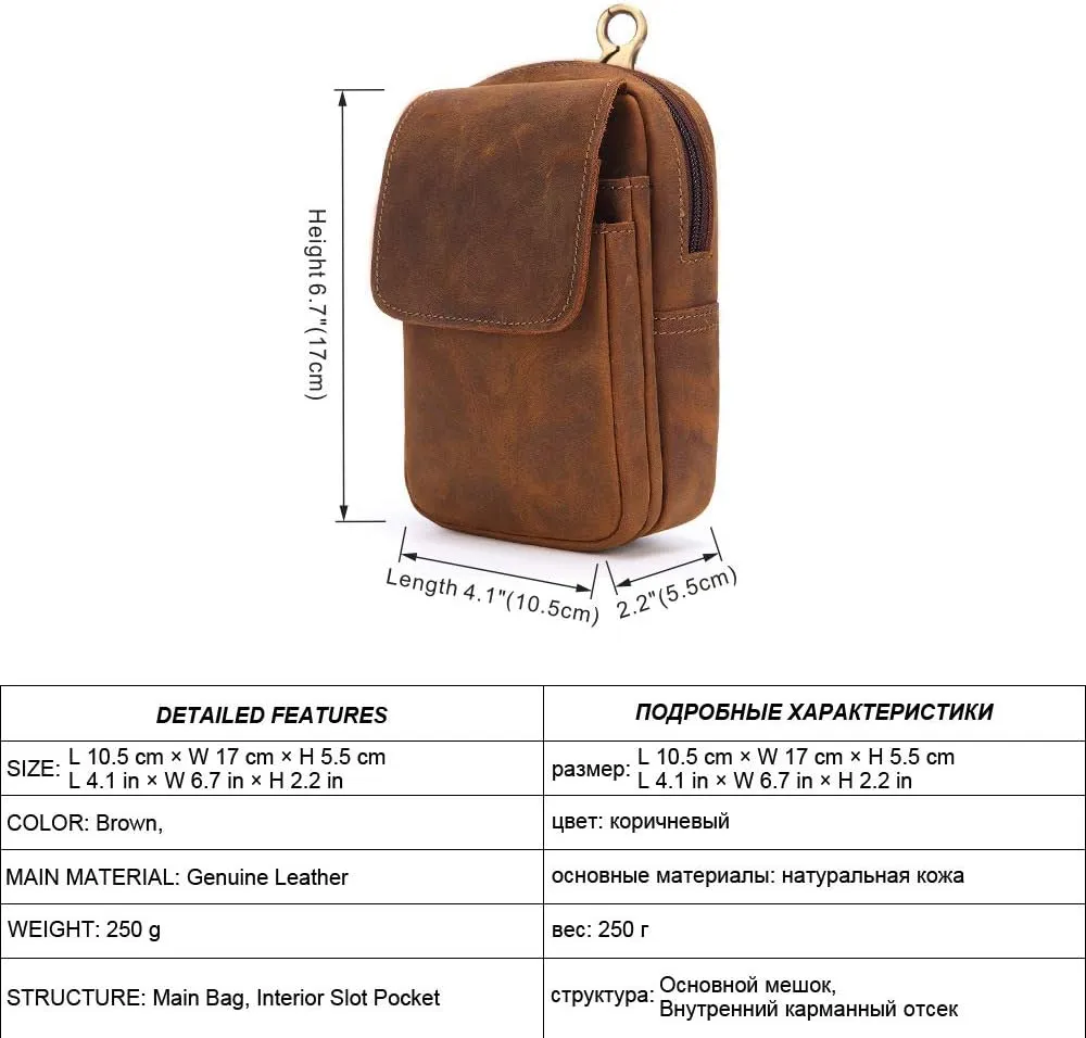 Mens Genuine Leather Belt Bag, Travel Passport Wallet Cell Phone Shoulder Holster Small Messenger Bag Waist Pack