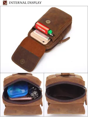 Mens Genuine Leather Belt Bag, Travel Passport Wallet Cell Phone Shoulder Holster Small Messenger Bag Waist Pack