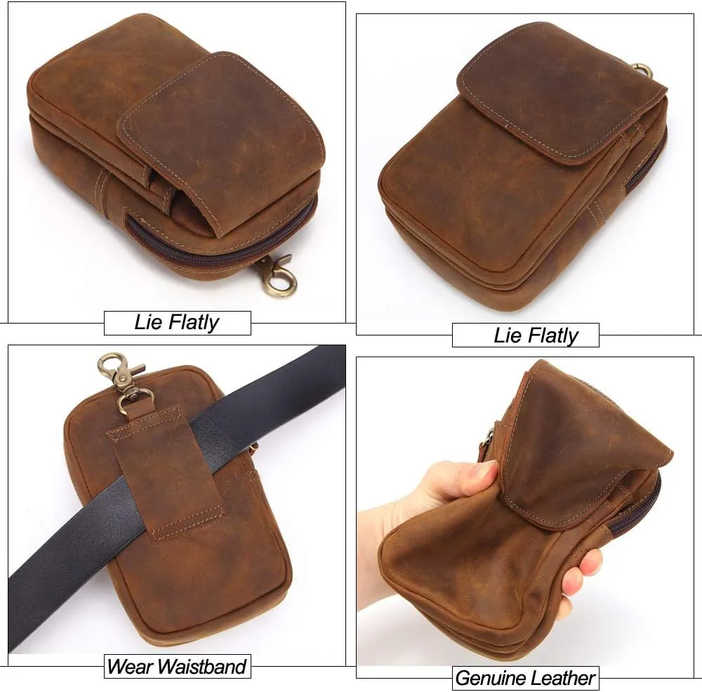 Mens Genuine Leather Belt Bag, Travel Passport Wallet Cell Phone Shoulder Holster Small Messenger Bag Waist Pack