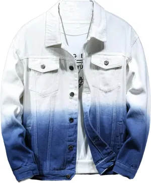 Men's Gradient Ripped Denim Jacket Single-Breasted Washed Aviator Trucker Jacket